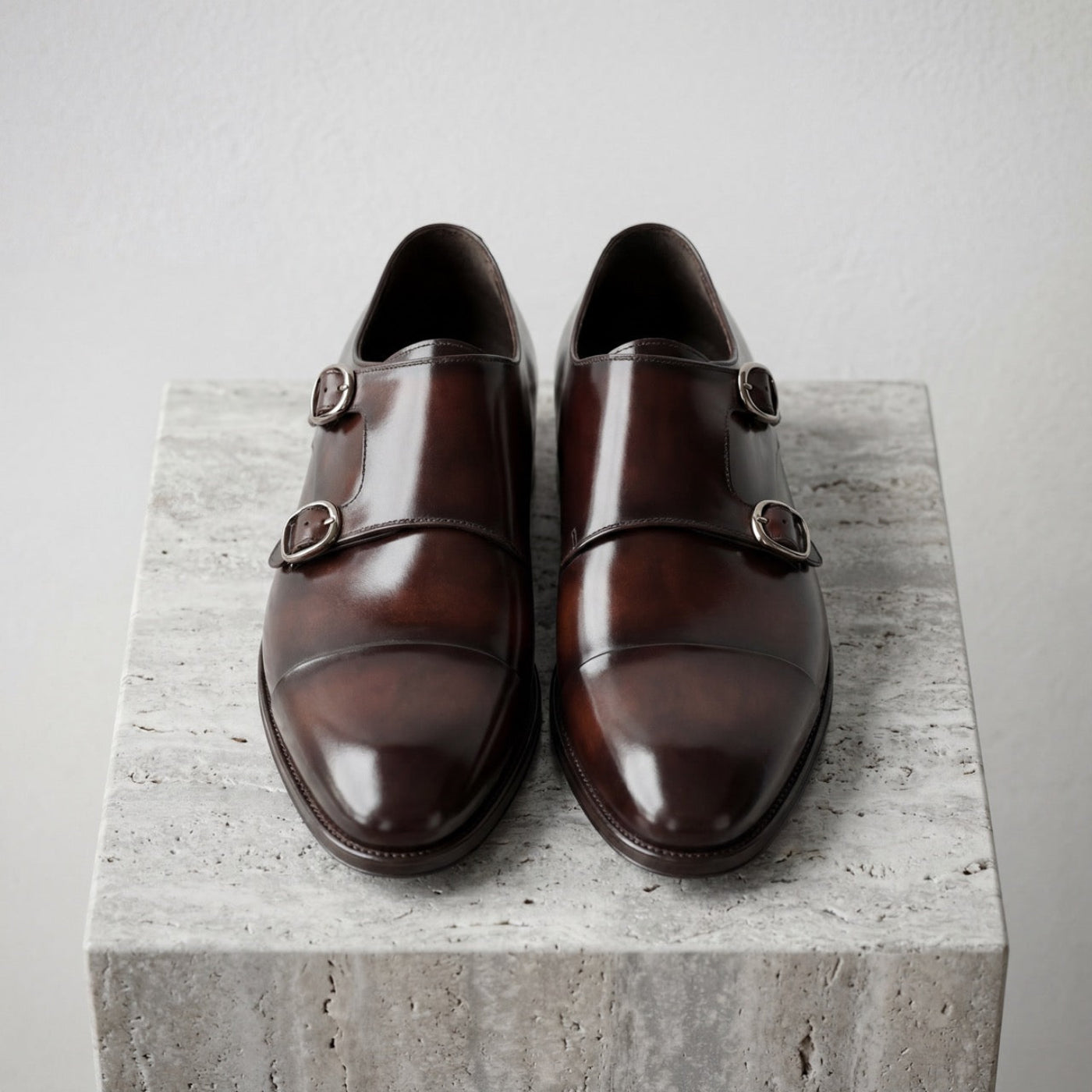 patinated double buckle dark brown calfskin