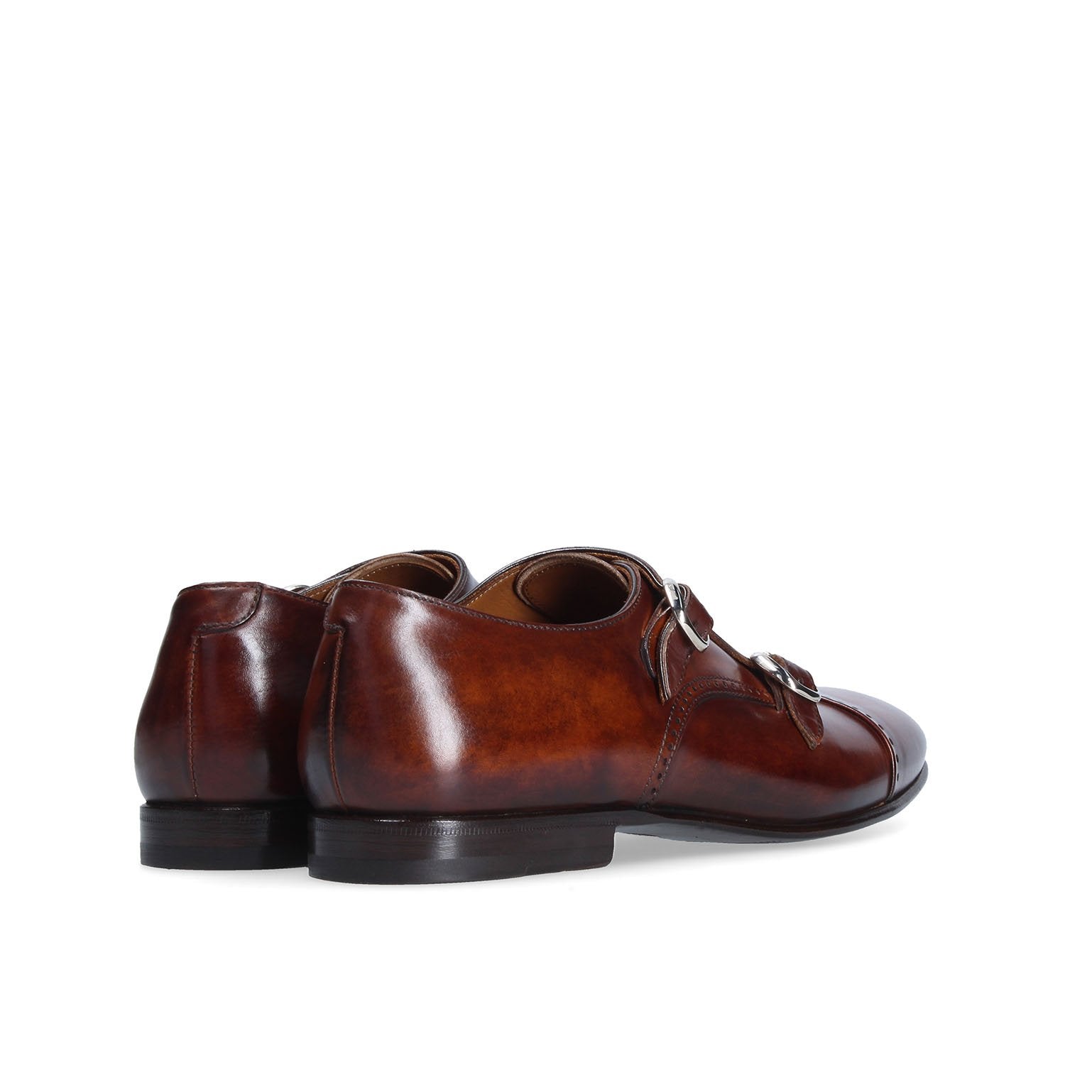 Doppia fibbia in vitello decolorato e patinato a mano vista retro