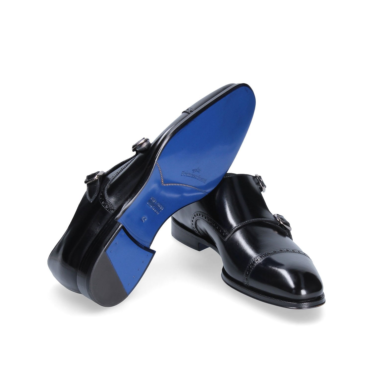 Doppia fibbia in vitello nero patinato a mano vista fondo