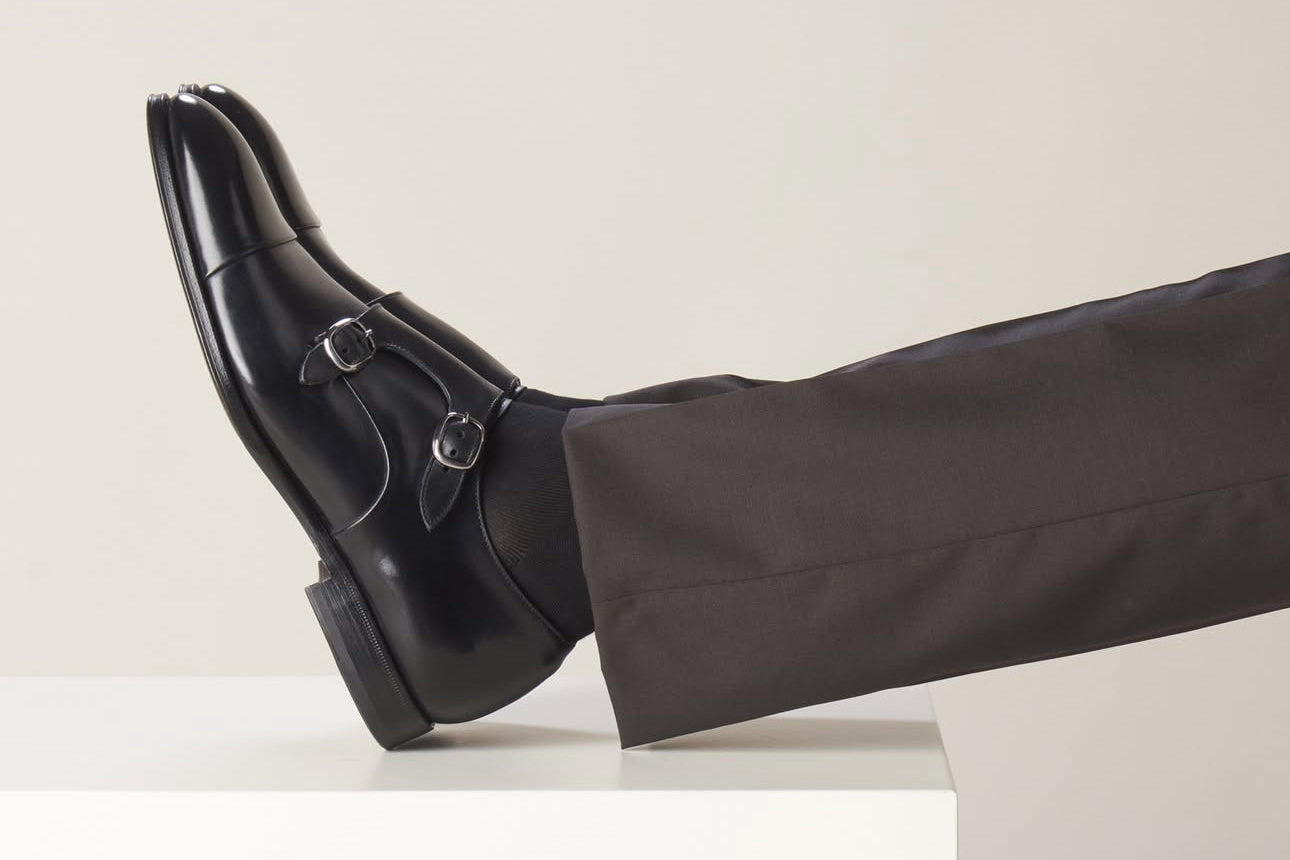 BLACK PATINATED CALF LEATHER DOUBLE BUCKLE