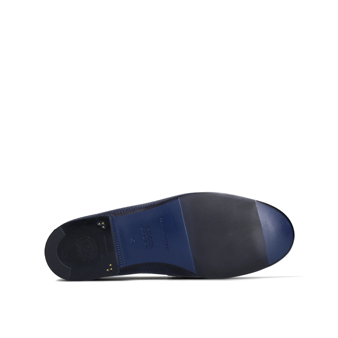 Vista del fondo in cuoio blu della Pantofola con fascia Alberto in cervo crust blu