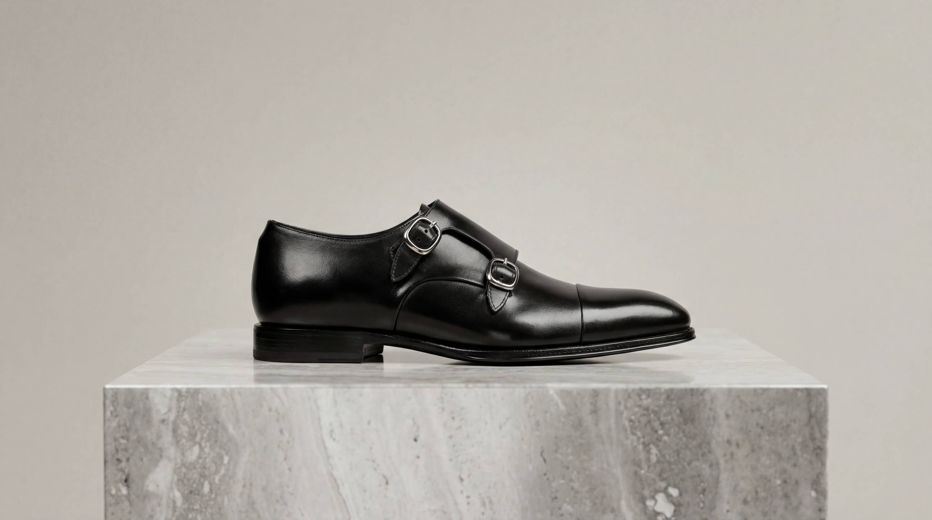 patinated black calfskin double buckle